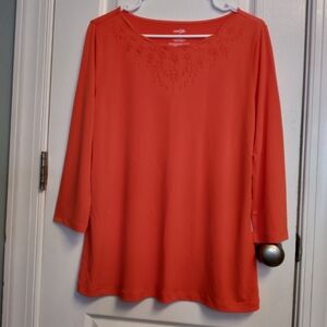 East 5th Women's Coral Long Sleeve Top L  Embroidery Scalloped
